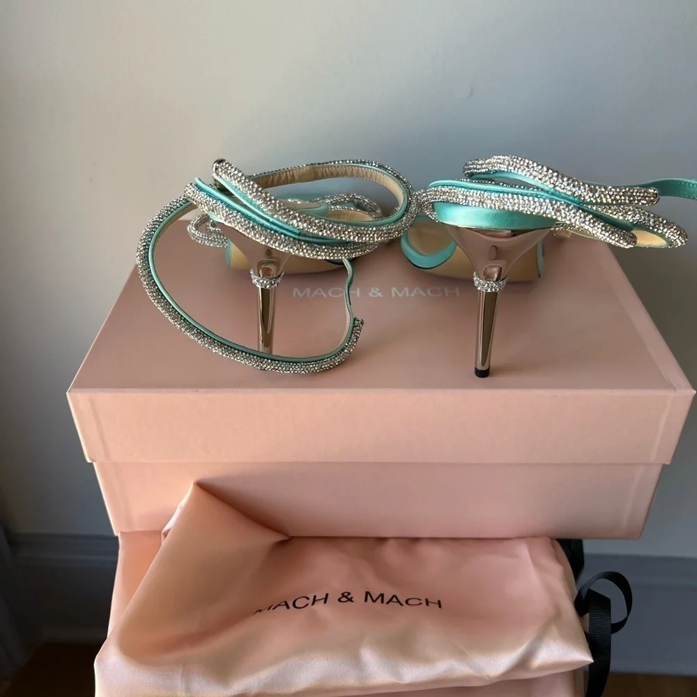 MACH & MACH Double Crystal Bow Square Toe Sandal Mint - Picture 9 of 14